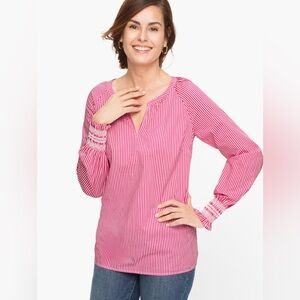 Womens Talbots Raglan Smocked Sleeve Butterfly Stripe‎ V-Neck Popover Shirt
